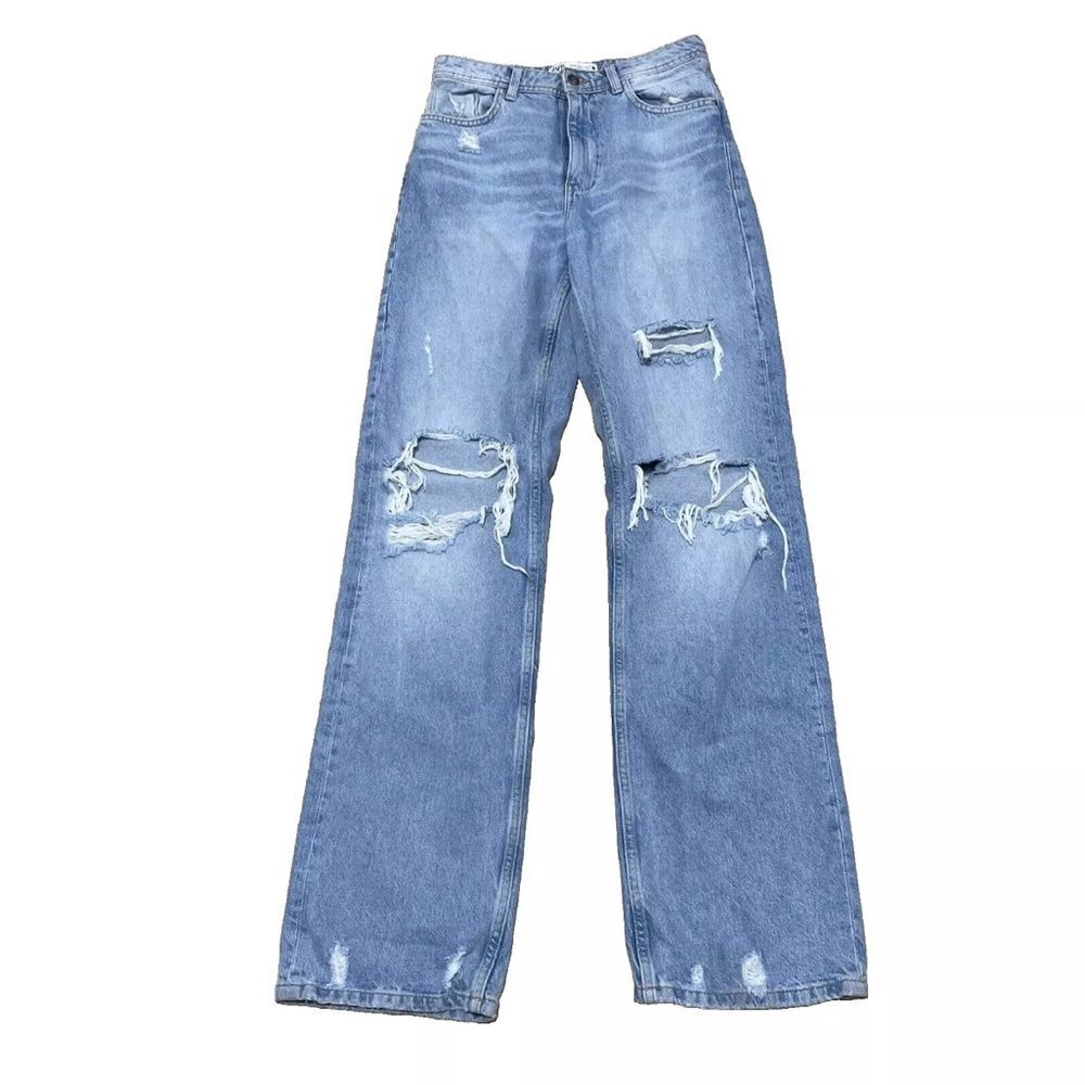 ZARA Jeans Women 6 Distressed Knee High Rise Ripped  Light Blue Denim 28x34